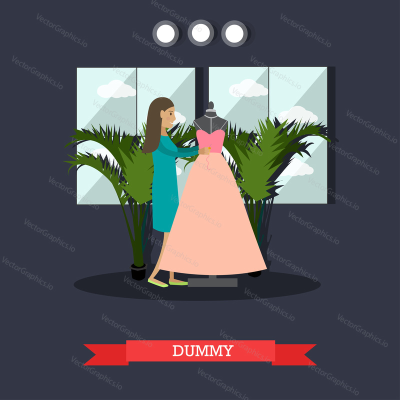 Vector illustration of dressmaker or clothing designer standing next to dummy dressed in new pink evening gown dress. Atelier, tailoring shop, fashion salon concept design element in flat style.
