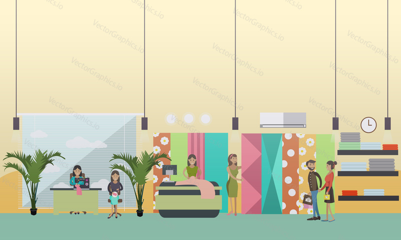 Vector illustration of young woman draping cloth, customers choosing fabric to get curtains or clothing made. Atelier, tailoring shop, fashion salon concept design element in flat style.