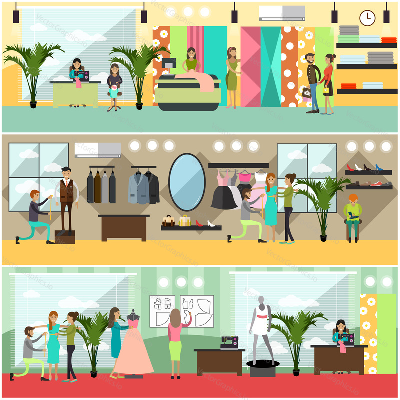 Vector set of fashion salon, atelier, tailoring shop, sewing workshop posters, banners. Flat style design elements.