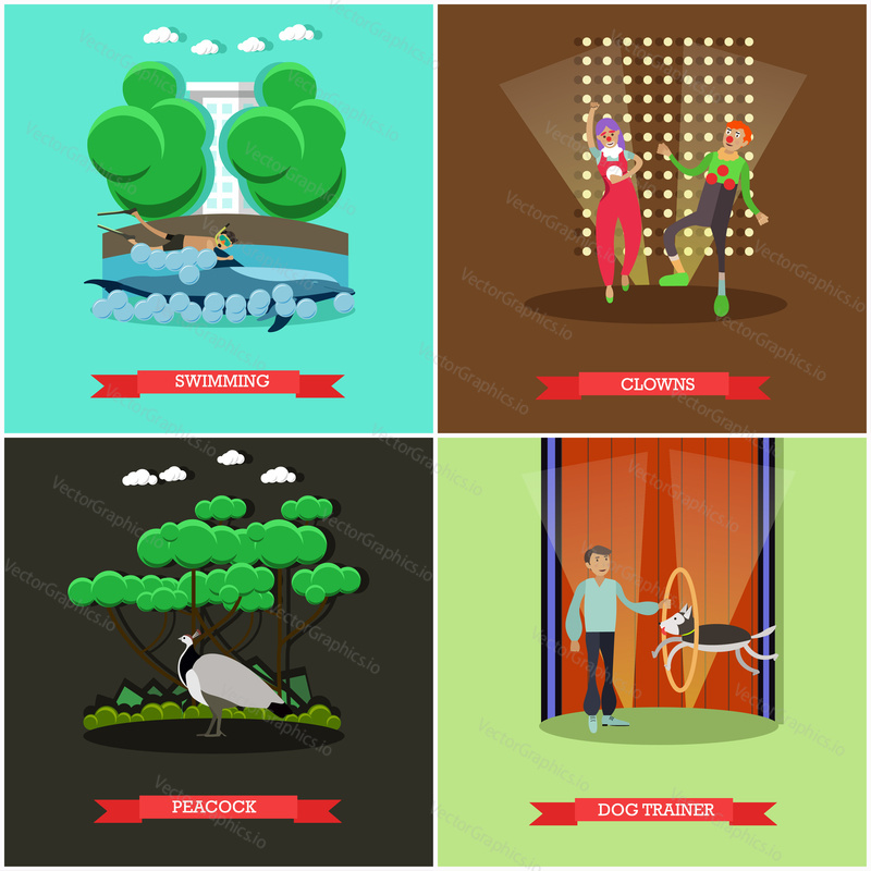 Vector set of dolphinarium and circus show posters. Swimming, Clowns, Peacock and Dog trainer flat style design elements.