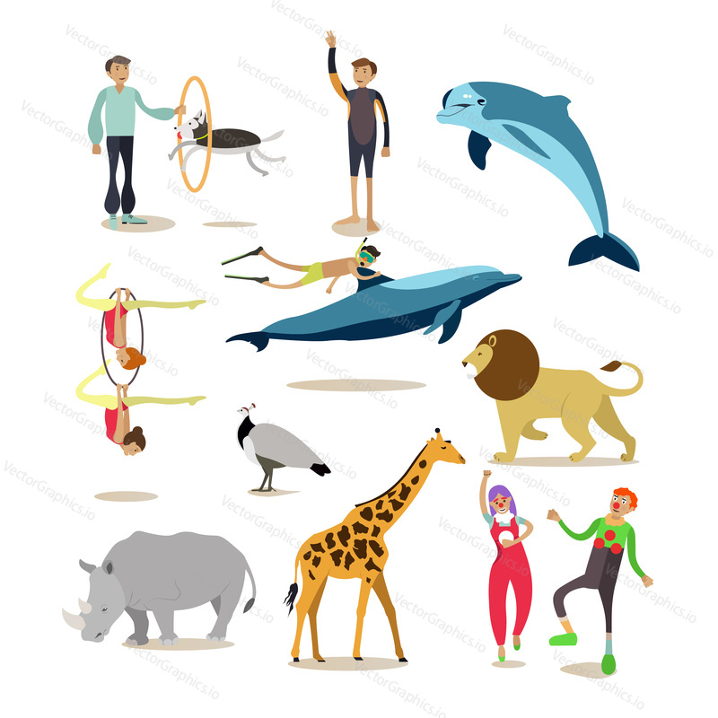 Набор векторных иконок мультяшных персонажей дельфинария, цирка и зоопарка, изолированных на белом фоне. Элементы дизайна в плоском стиле.