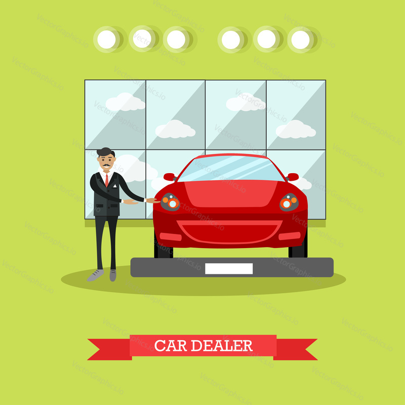 Vector illustration of car dealer demonstrating red automobile. Car shop or car dealership flat style design element.