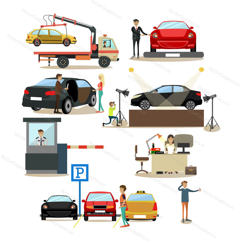Vector icons set of car shop, car show, parking lot design elements with people drivers, buyers and sellers cartoon characters isolated on white background. Flat style design elements.