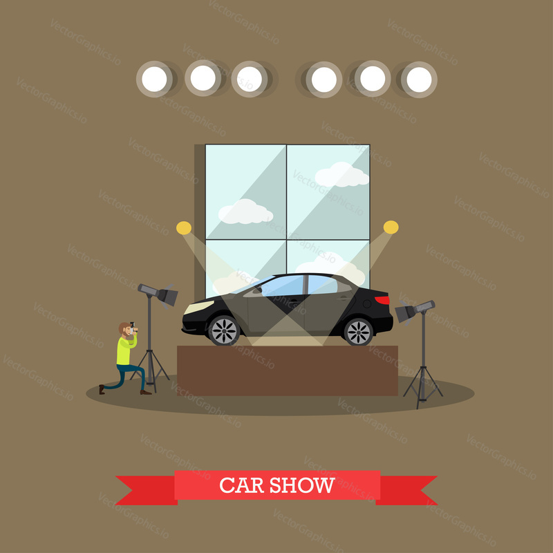 Vector illustration of photographer taking photo of new car in exhibition pavilion, showroom, car dealership. Car show flat style design element.