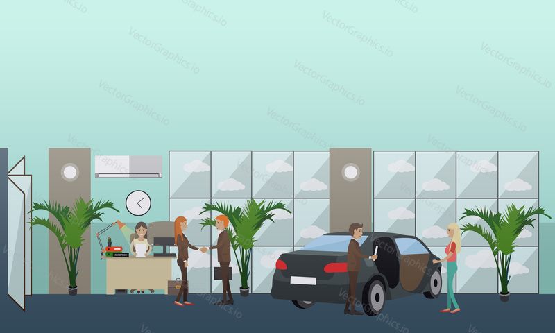 Vector illustration of car dealer male, receptionist female and buyers. Car shop or car dealership flat style design element.