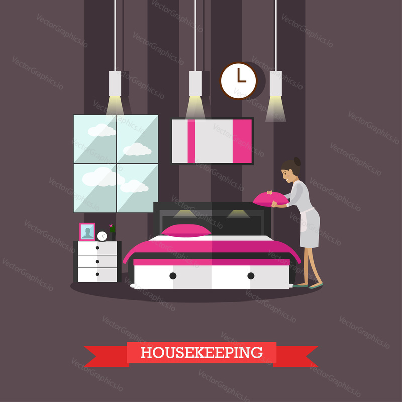 Vector illustration of chambermaid making bed in hotel room. Hotel service, housekeeping flat style design element.