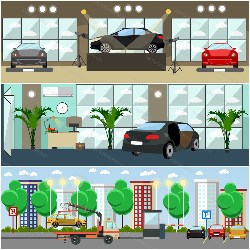 Vector set of cars concept posters, banners. Car show, car shop, parking lot interior flat style design elements.