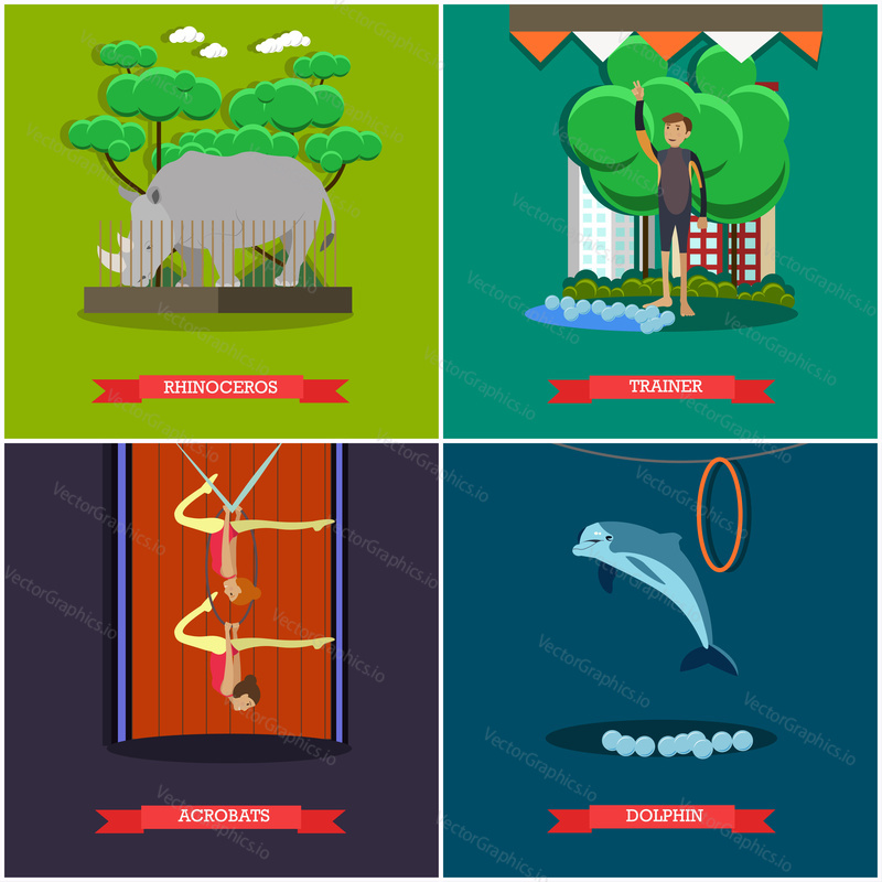 Векторный набор плакатов дельфинария, зоопарка и цирка. Элементы дизайна в плоском стиле носорога, дрессировщика, акробатов и дельфина.
