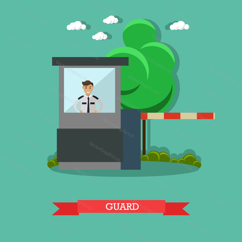Vector illustration of young male parking assistance or parking attendant standing inside of guard booth. Car guard concept design element in flat style.
