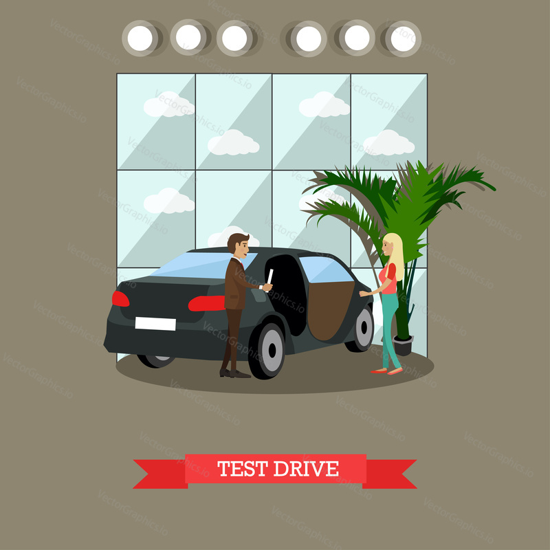 Test drive concept vector illustration. Young lady passing her test drive with instructor. Driving school flat style design element.