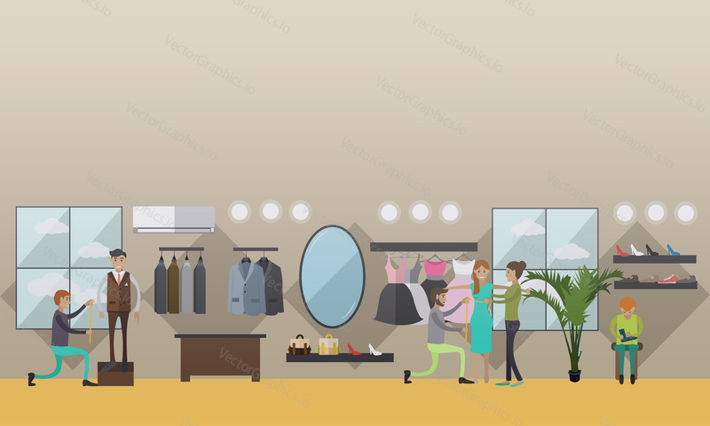 Vector illustration of custom dressmakers, tailors male and female taking measurements from clients. Atelier, tailoring shop, fashion salon concept design element in flat style.