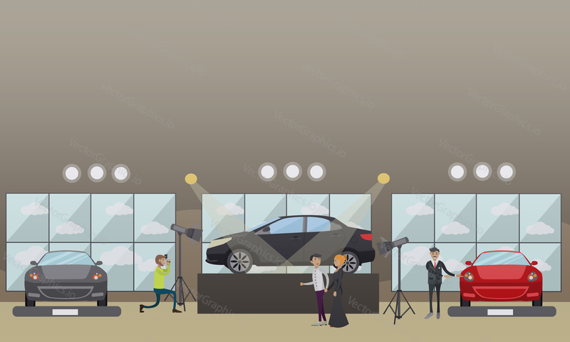 Векторная иллюстрация концепции автосалона. Автодилер демонстрирует авто посетителям, фотограф фотографирует новый автомобиль в выставочном павильоне, автосалоне или автосалоне. Дизайн в плоском стиле.