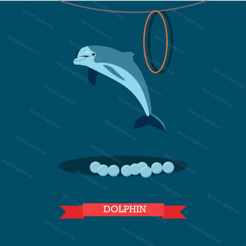 Vector illustration of jumping out of water dolphin. Dolphinarium dolphin show flat style design element.