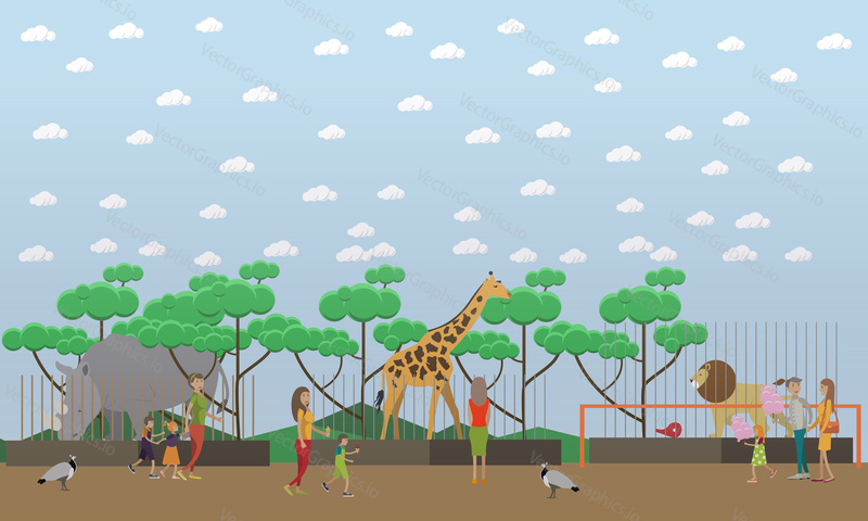 Zoo concept vector illustration. Visitors adults and kids seeing wild exotic animals in cages rhinoceros, giraffe and lion. Peafowls wandering among people. Zoo animals flat style design.