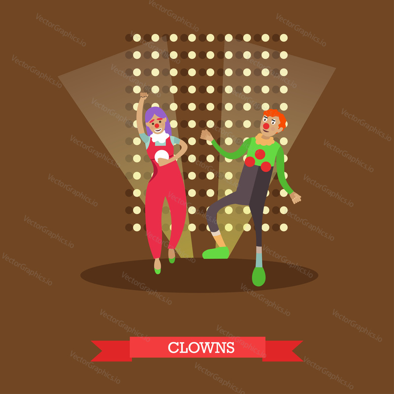 Vector illustration of two funny clowns male and female performing on circus stage. Clowns cartoon characters in flat style.