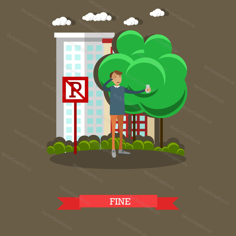 Vector illustration of upset driver male receiving parking ticket for parking in forbidden place. Parking fine flat style design element.
