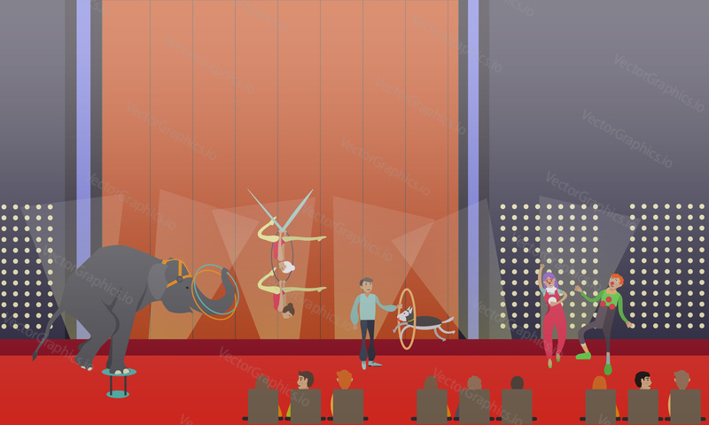 Circus show vector illustration. Animal show with trained elephant and dog, aerial acrobats and clowns performing on stage flat style design elements.