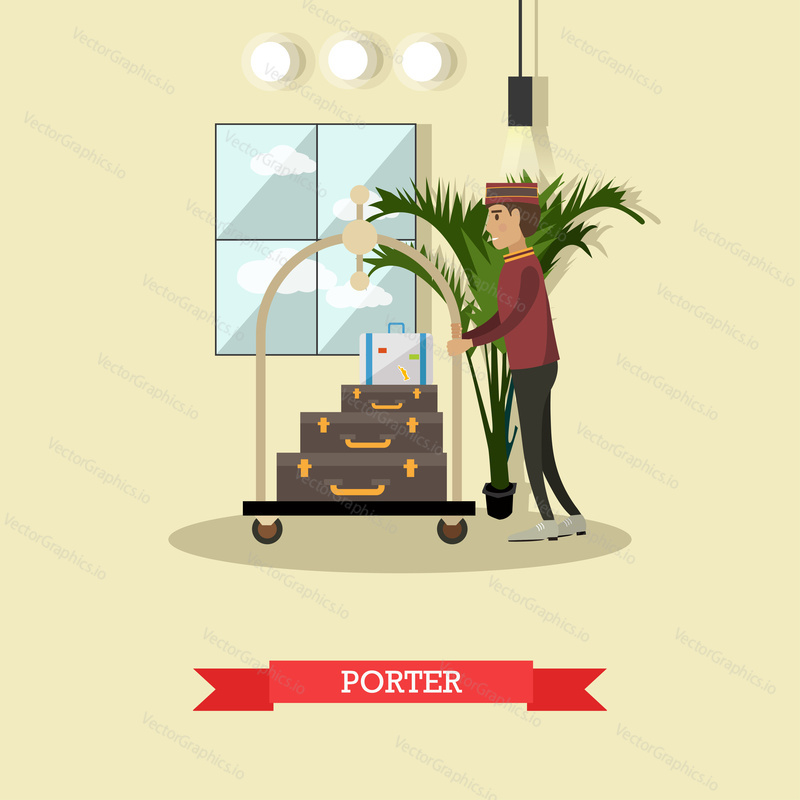 Vector illustration of bellhop, bellboy or bellman moving luggage cart with suitcases of customer. Hotel porter concept design element in flat style.