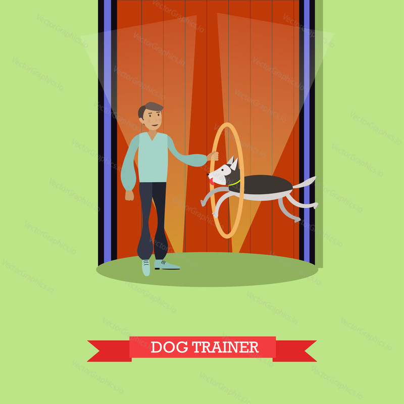 Vector illustration of circus man with trained dog jumping through hoop. Animal show in circus. Dog trainer flat style design element.