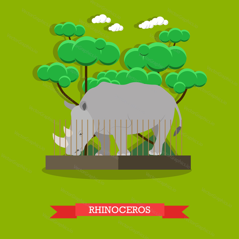Vector illustration of rhinoceros in cage. Zoo animals concept design element in flat style.