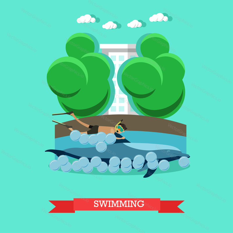 Vector illustration of young man enjoying swimming with dolphin in blue swimming pool. Dolphinarium flat style design.