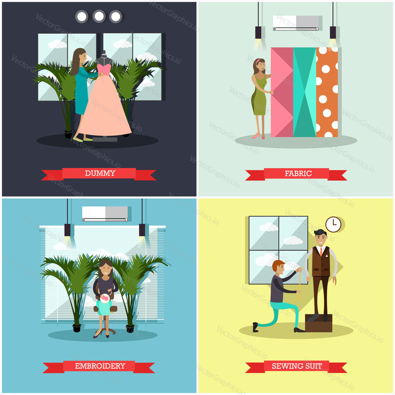 Vector set of fashion atelier square posters. Dummy, Fabric, Embroidery and Sewing suit concept design elements in flat style.