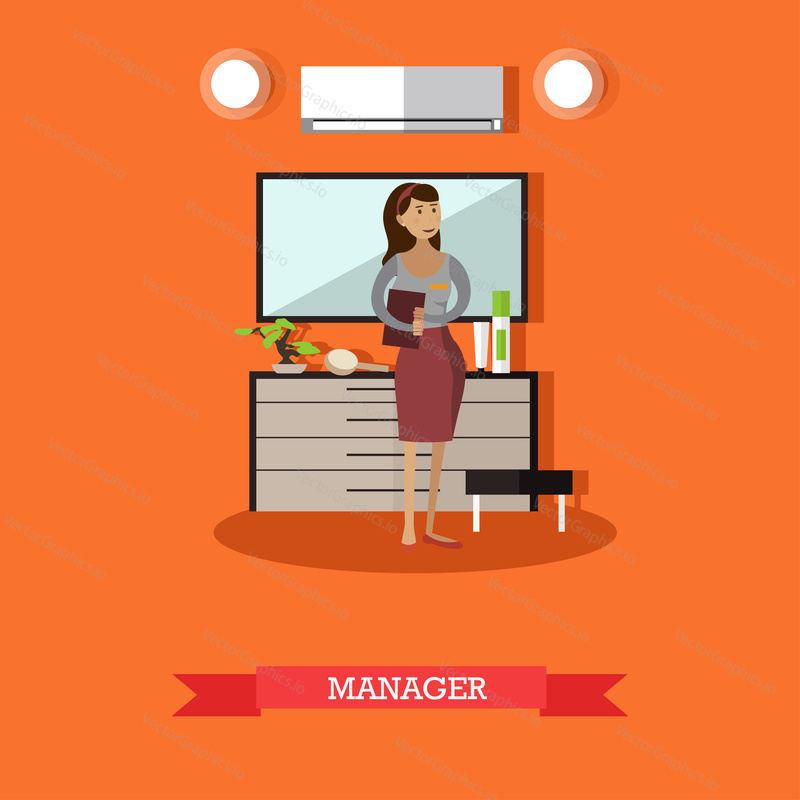 Hotel manager concept vector illustration. Young woman hotelier or lodging manager flat style design element.
