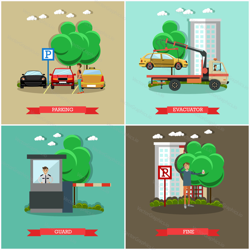 Vector set of car parking square posters. Parking, Evacuator, Guard and Fine flat style design elements.