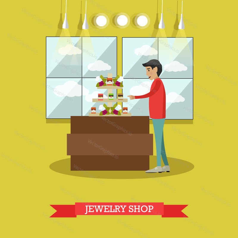 Vector illustration of young man looking at jewelry shop display case. Jewelry store concept flat style design element