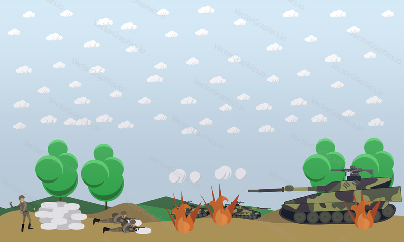 Battlefield concept vector illustration. Military actions at the front flat style design elements.