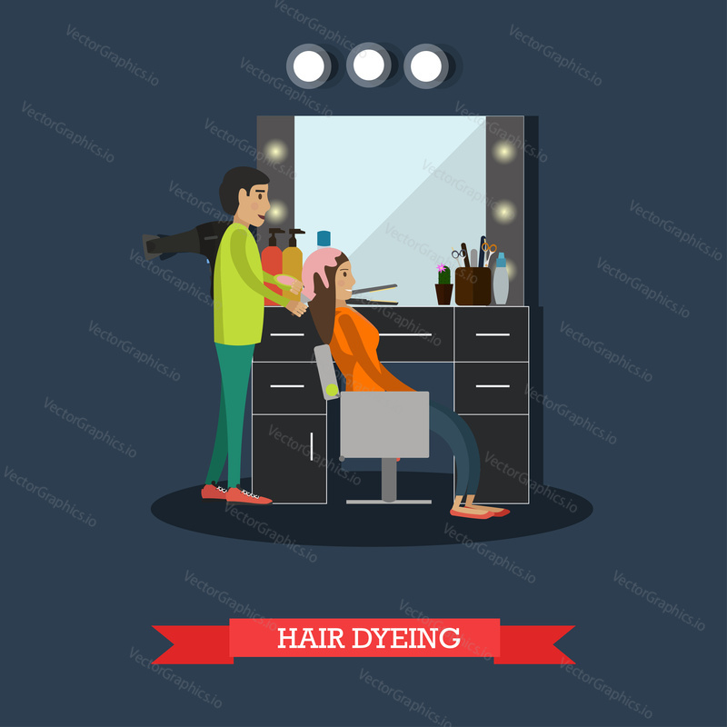 Векторная иллюстрация профессионального парикмахера, окрашивающего волосы своей клиентки-женщины. Услуги парикмахерского салона, концепция окрашивания волос, элемент дизайна плоского стиля.