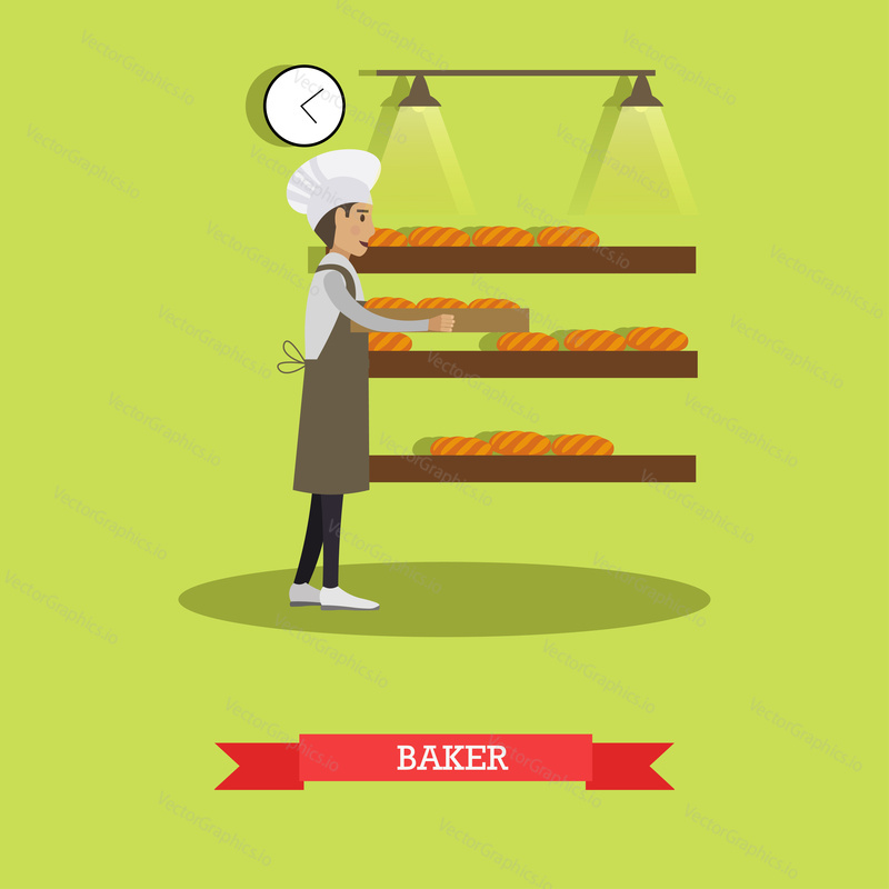 Vector illustration of baker male holding tray with bread. Bakery or bakehouse and baked goods flat design element.