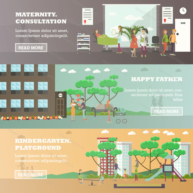 Vector set of maternity hospital and kindergarten horizontal banners. Maternity consultation, Happy father and Kindergarten playground flat style design elements.