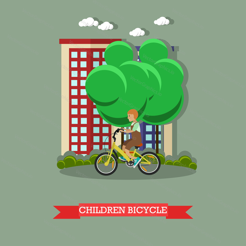Vector illustration of a kid riding bike in the park. Children bicycle concept design element in flat style.