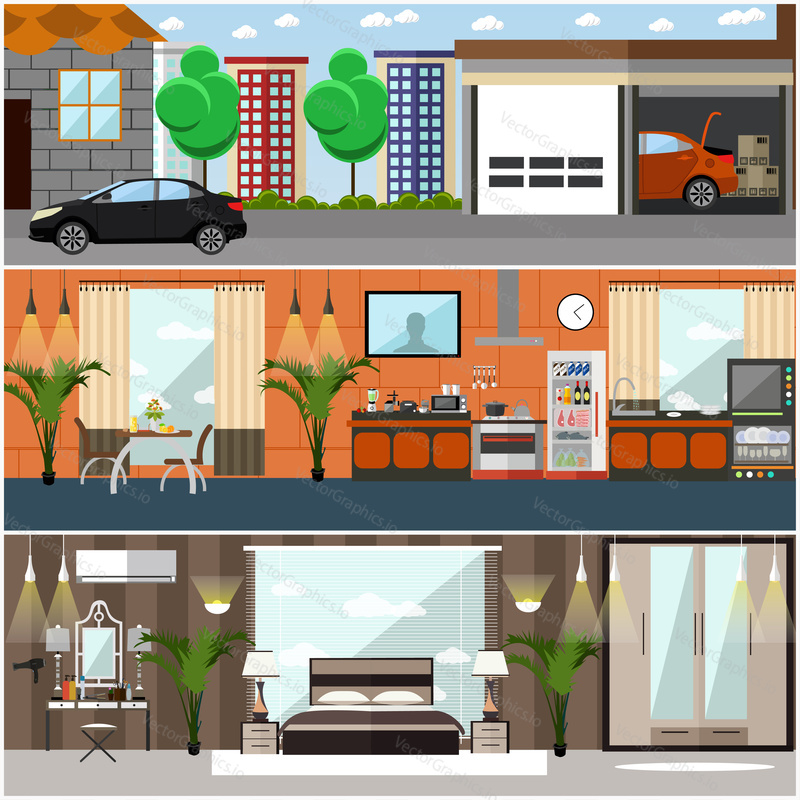 Vector set of house interior posters, banners. Kitchen, dining room, bedroom with furniture and household appliances. Home garage with car. Flat style design.