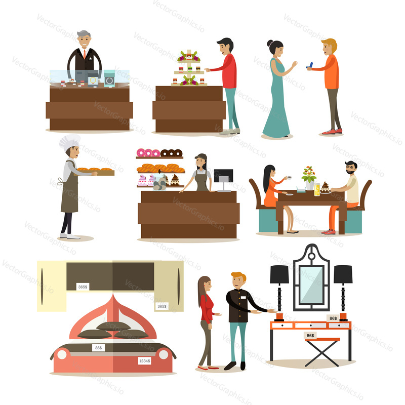 Vector icons set of jewelry shop, bakery and furniture store interior, buyers and sellers cartoon characters isolated on white background. Flat style design elements.