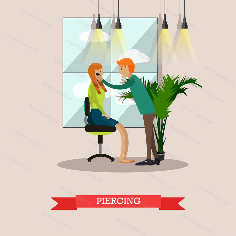 Vector illustration of professional body piercer performing piercing. Woman getting piercing flat style design element.