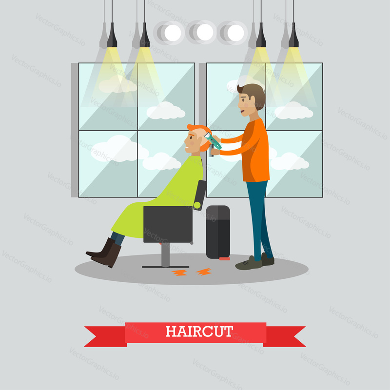 Vector illustration of professional barber shaving head of his client with electric razor. Barber shop services, haircut concept flat style design element.