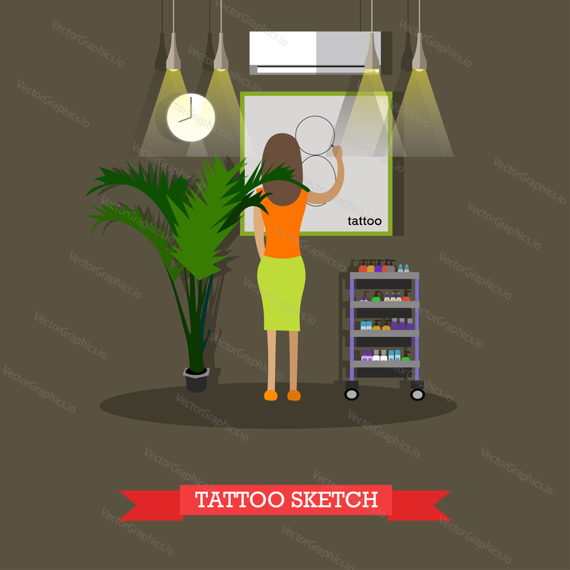 Vector illustration of woman drawing tattoo sketch on paper. Flat style design.