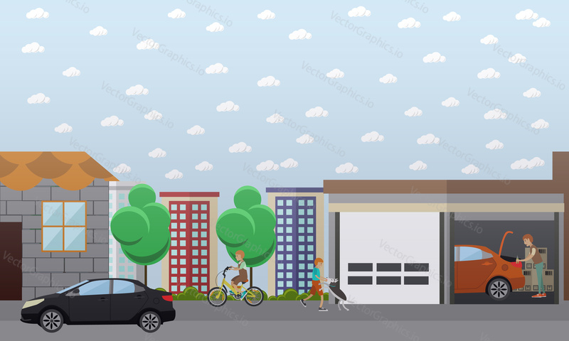 Vector illustration of man repairing car or carrying out car check in garage, kids riding bicycle and walking dog. Home garage flat style design element.