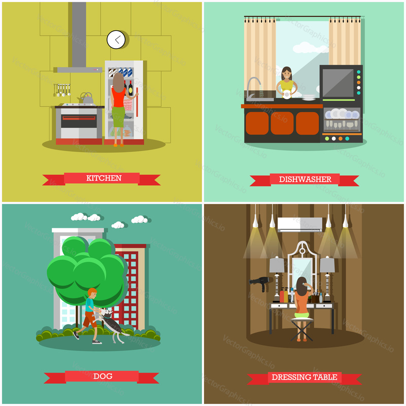 Векторный набор квадратных плакатов для дома и кухни. Элементы дизайна в плоском стиле для посудомоечной машины, кухни, собаки и туалетного столика.