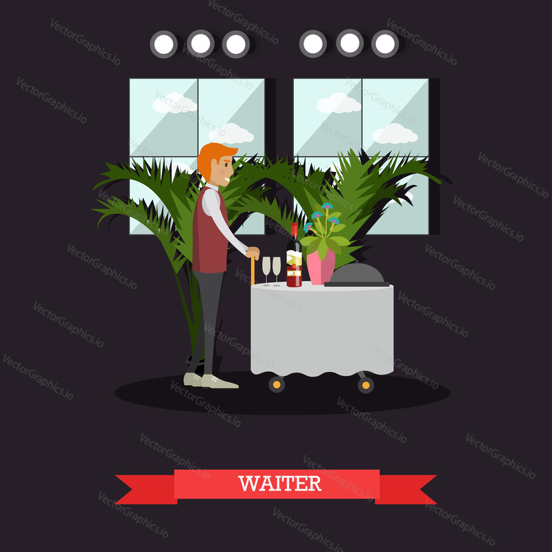 Vector illustration of waiter delivering food and drink to customers. Hotel waiter concept design element in flat style.