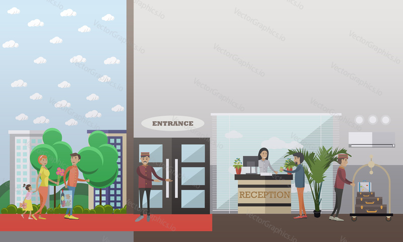 Hotel check in concept vector illustration. Receptionist and hotel porter or doorman services flat style design element.