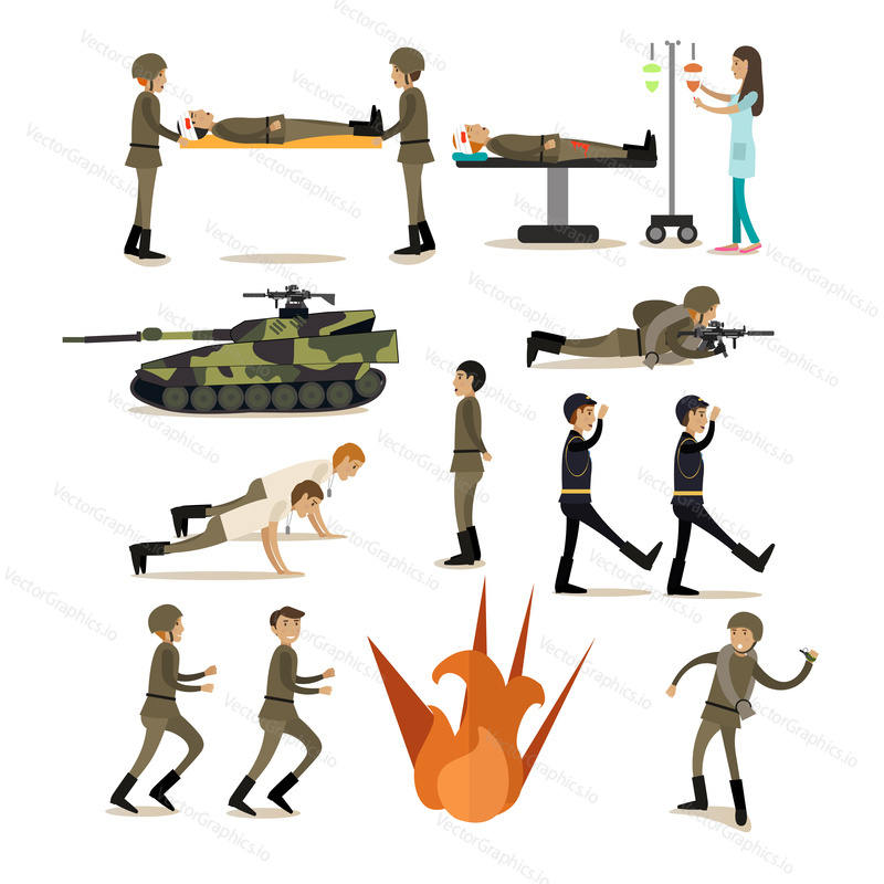 Vector icons set of military people and equipment isolated on white background. Flat style design elements.