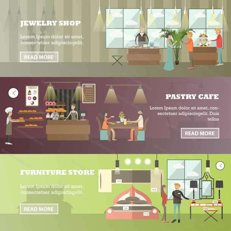 Vector set of shops horizontal banners. Jewelry shop, Pastry cafe and Furniture store flat style design elements.