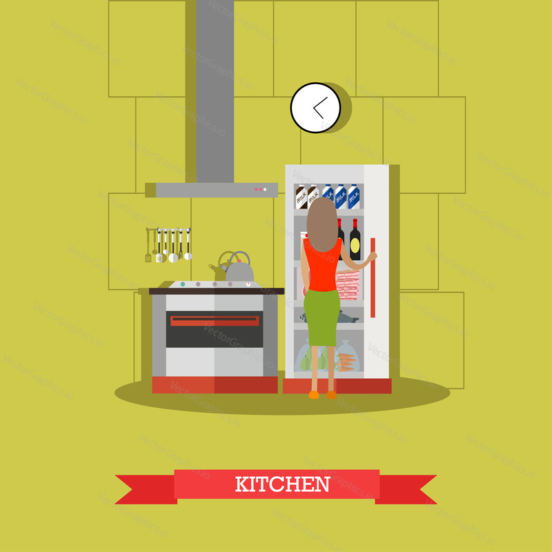 Vector illustration of woman standing in front of opened fridge with food. Kitchen in the house flat style design element.