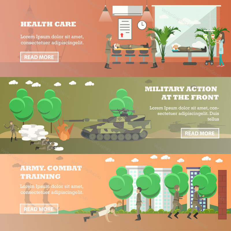 Vector set of military horizontal banners. Health care, Military action at the front, Army combat training flat style design elements.