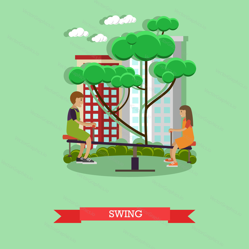 Vector illustration of children boy and girl swinging on seesaw in playground. Swing concept design element in flat style.