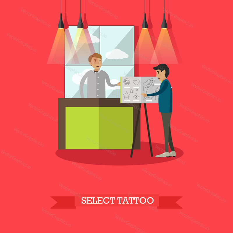 Vector illustration of professional tattoo artist and his client selecting tattoo sketch. Tattoo studio flat style design element.
