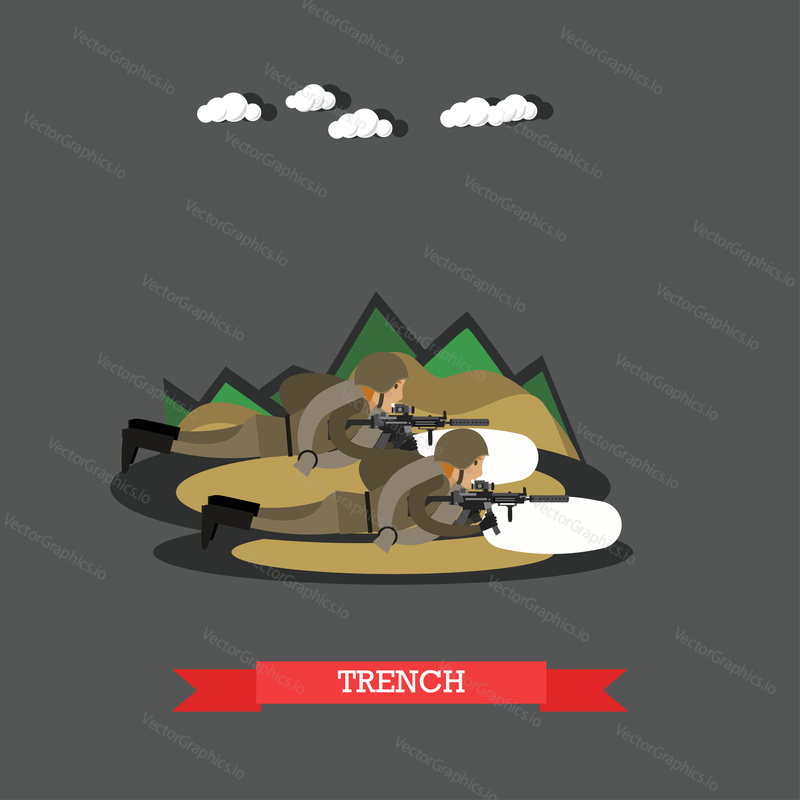 Vector illustration of two soldiers with shotguns in military uniform lying in trench. Flat style design.
